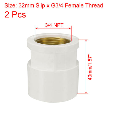 Harfington Uxcell 32mm Slip x 3/4 NPT Female Brass Thread PVC Pipe Fitting Adapter 2 Pcs