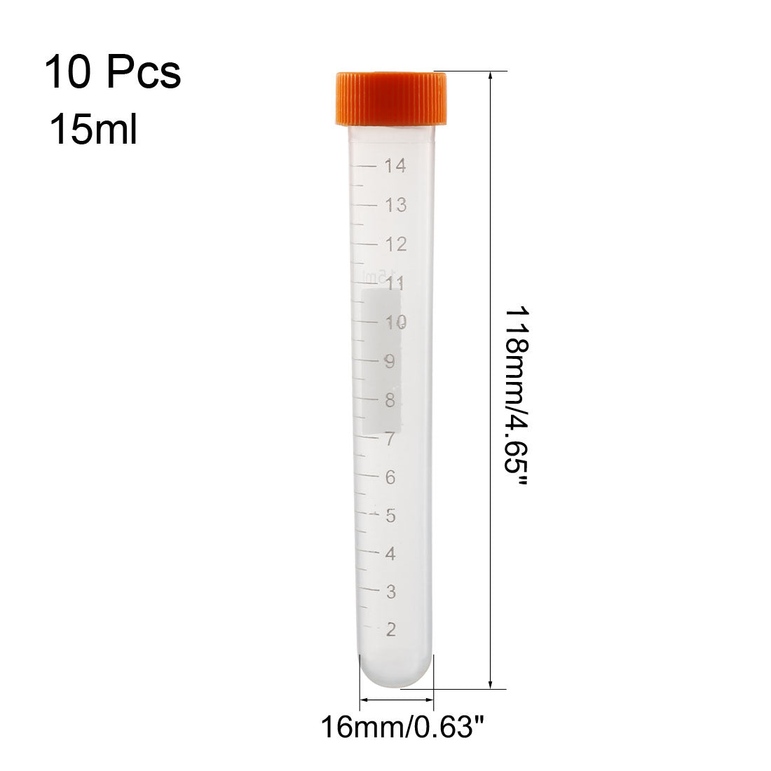 uxcell Uxcell 10 Pcs 15ml Plastic Centrifuge Tubes with Orange Screw Cap, Round Bottom, Graduated Marks
