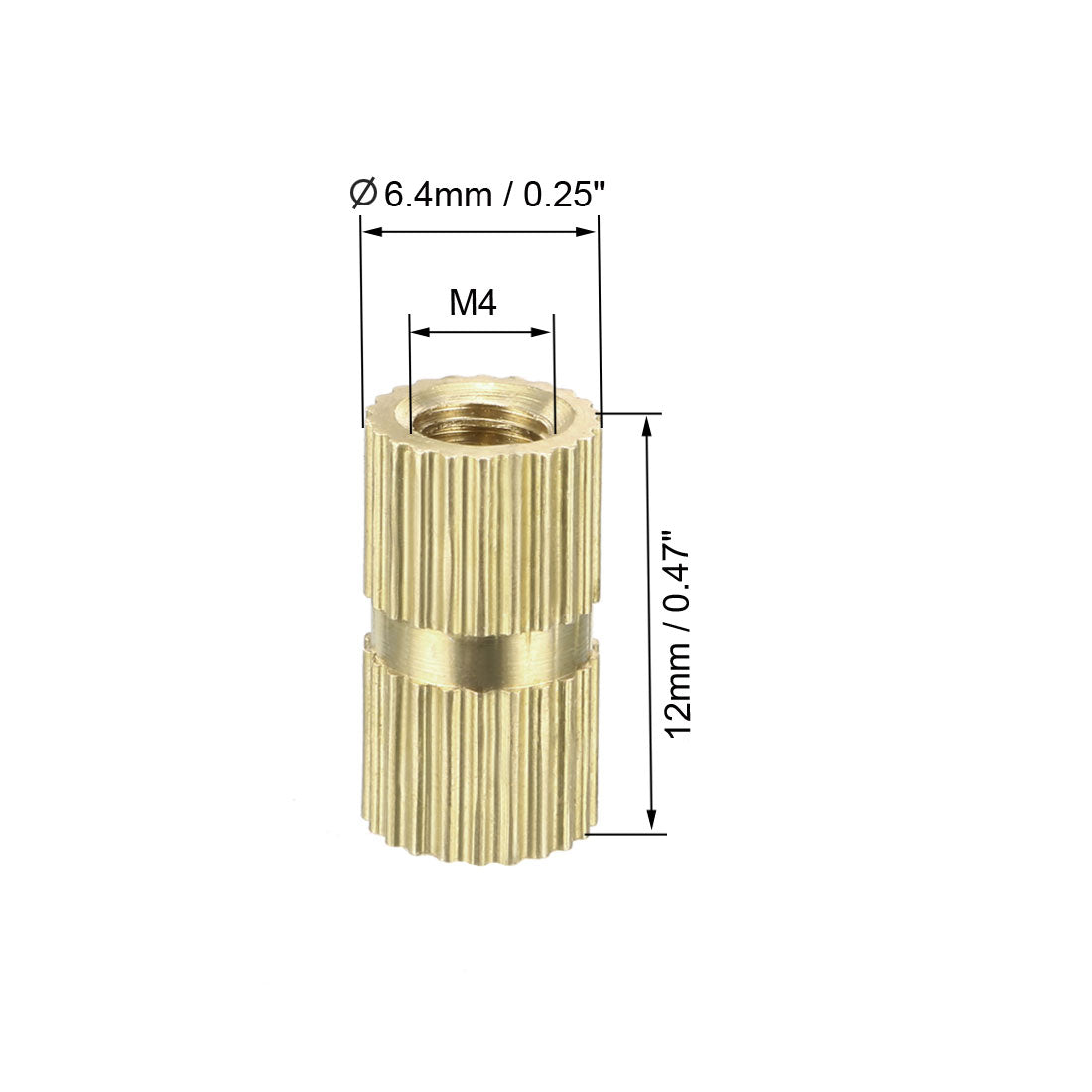 uxcell Uxcell M4 x 12mm(L) x 6.4mm(OD) Female Thread Brass Knurled Threaded Insert Embedment Nuts, 30 Pcs