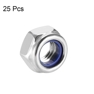 Harfington Uxcell M8x1.25mm Hex Lock Nuts Stainless Steel Nylon Insert Self-Lock Nut, 25Pcs Silver