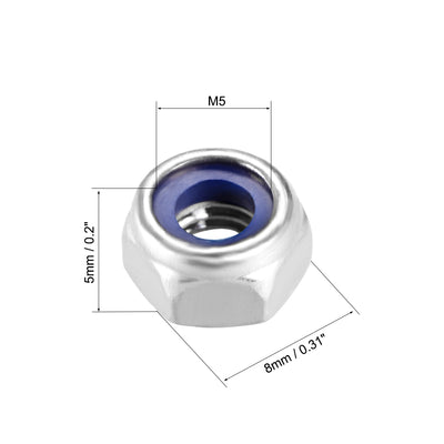Harfington Uxcell M5x0.8mm Hex Lock Nuts Stainless Steel Nylon Insert Self-Lock Nuts, 20Pcs Silver
