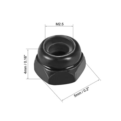 Harfington Uxcell M2.5x0.45mm Hex Lock Nuts Carbon Steel Nylon Insert Self-Lock Nut, 100Pcs Black