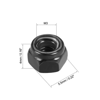 Harfington Uxcell M3x0.5mm Hex Lock Nuts Carbon Steel Nylon Insert Self-Lock Nuts, 50Pcs Black