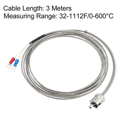 Harfington Uxcell J Type Temperature Sensor Probe Circlip Type Thermocouple 3 Meters Cable 4mmx20mm Long Probe 32-1112F/0-600°C