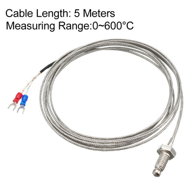 Harfington Uxcell K Type Temperature Sensor Probe Screw Type Thermocouple 5 Meters Cable 26mm Long Probe 32~1112°F (0~600°C) M6 Thread