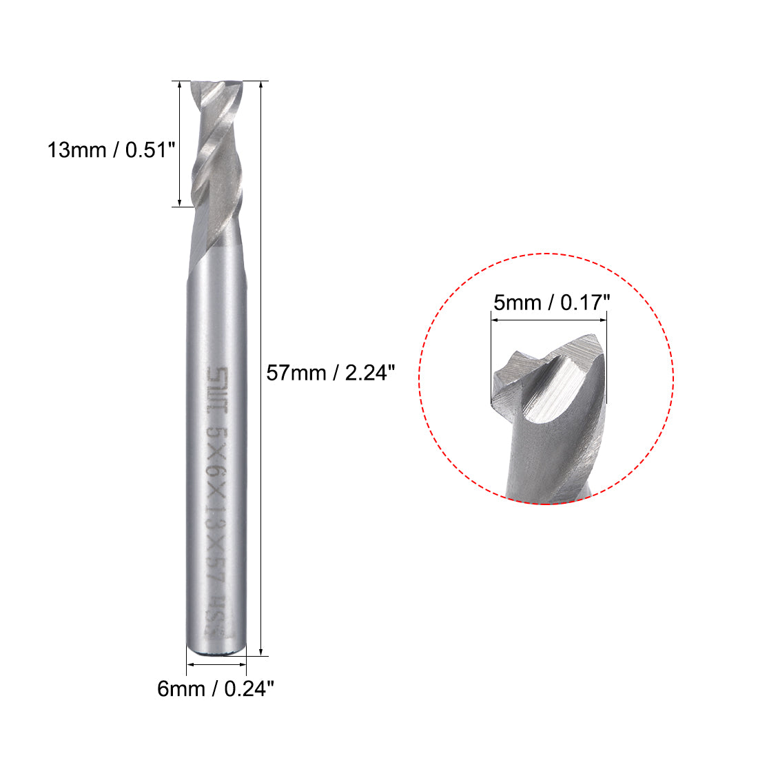 uxcell Uxcell 2pcs 6mm Shank 5mm x 13mm Straight Flat Nose End Mill Cutter CNC Router Bits 2 Flute