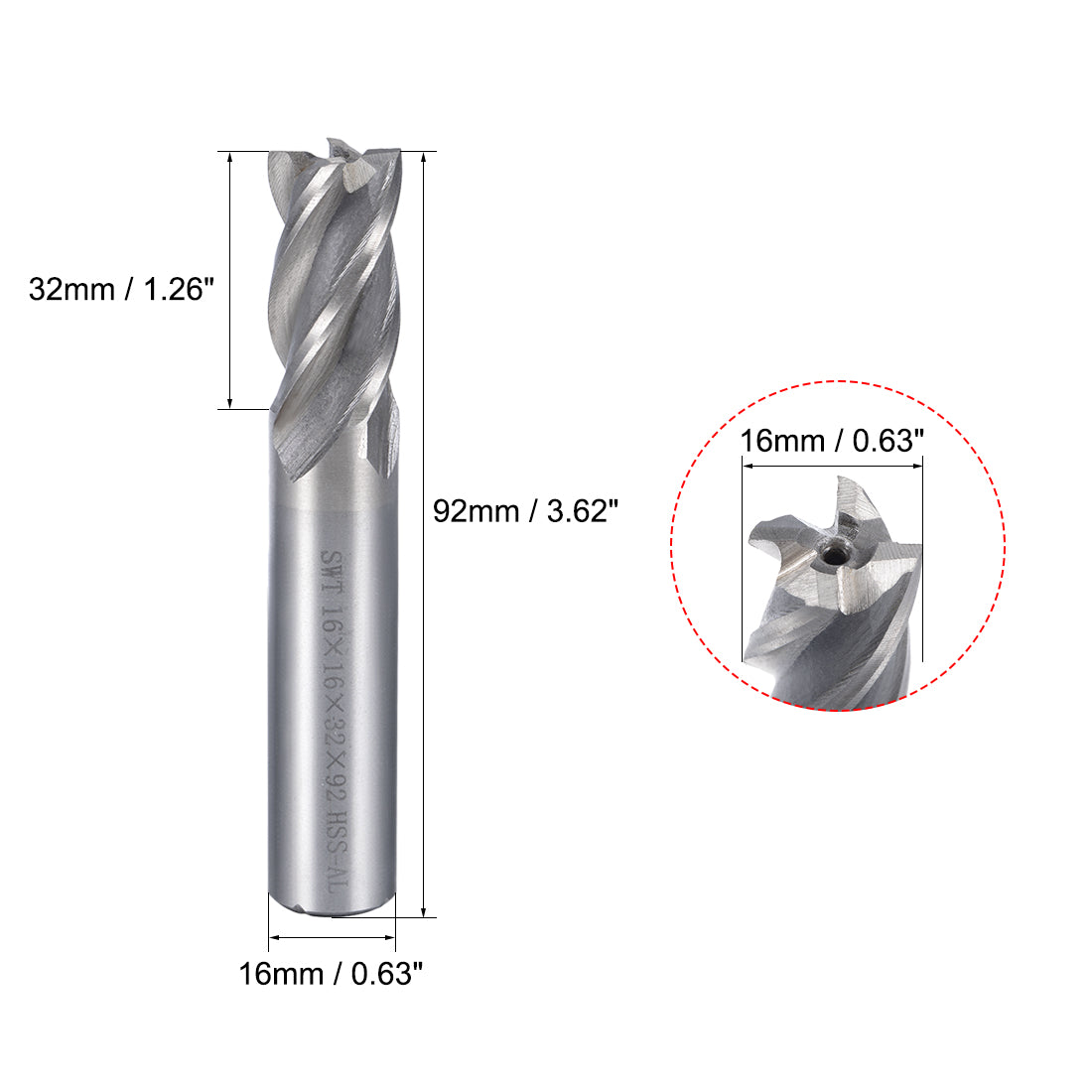 uxcell Uxcell 16mm Shank 16mm x 32mm Straight Flat Nose End Mill Cutter CNC Router Bits 4 Flute