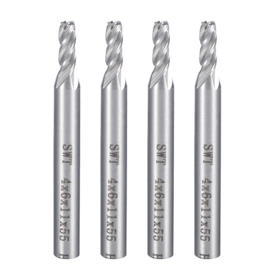 uxcell Uxcell 4PCS 6mm Shank 4mm x 11mm Straight Flat Nose End Mill Cutter CNC Router Bits 4 Flute