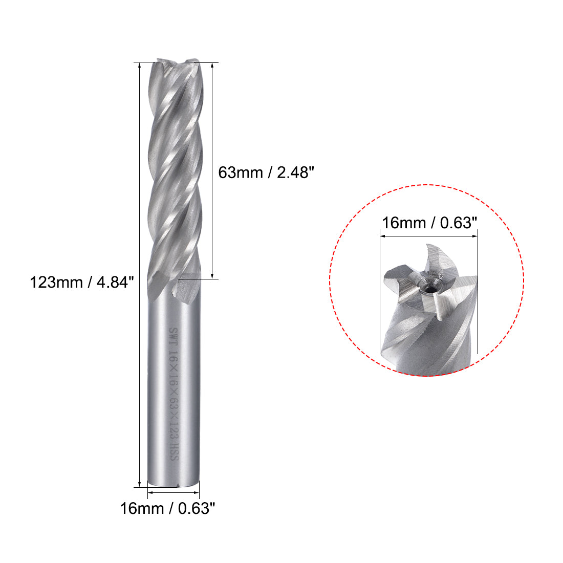 uxcell Uxcell 16mm Shank 16mm x 63mm Straight Flat Nose End Mill Cutter CNC Router Bits 4 Flute