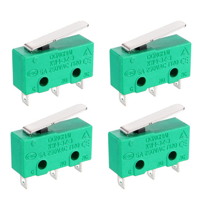 Harfington Uxcell 4PCS KW4-3Z-3 Micro Limit Switch SPDT NO NC 3 Terminals Momentary Short Straight Lever Type Green