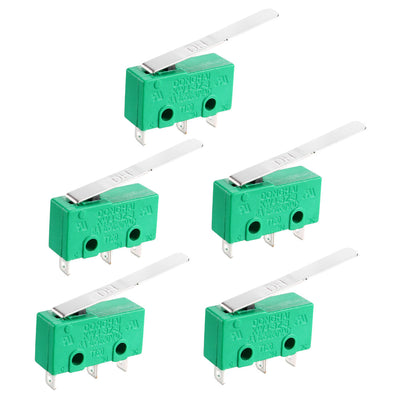 Harfington Uxcell 5PCS KW4-3Z-3 5A125/250VAC Micro Limit Switch SPDT NO NC 3 Terminals Momentary Long Hinge Lever Green