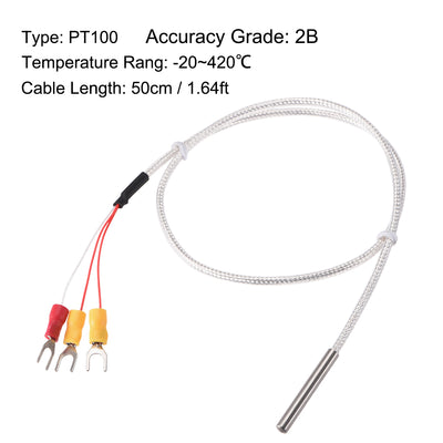 Harfington Uxcell PT100 RTD Temperature Sensor Probe Three-wire System Cable Thermocouple Stainless Steel 50cm(1.64ft) (Temperature Rang: -50 to 200°C)