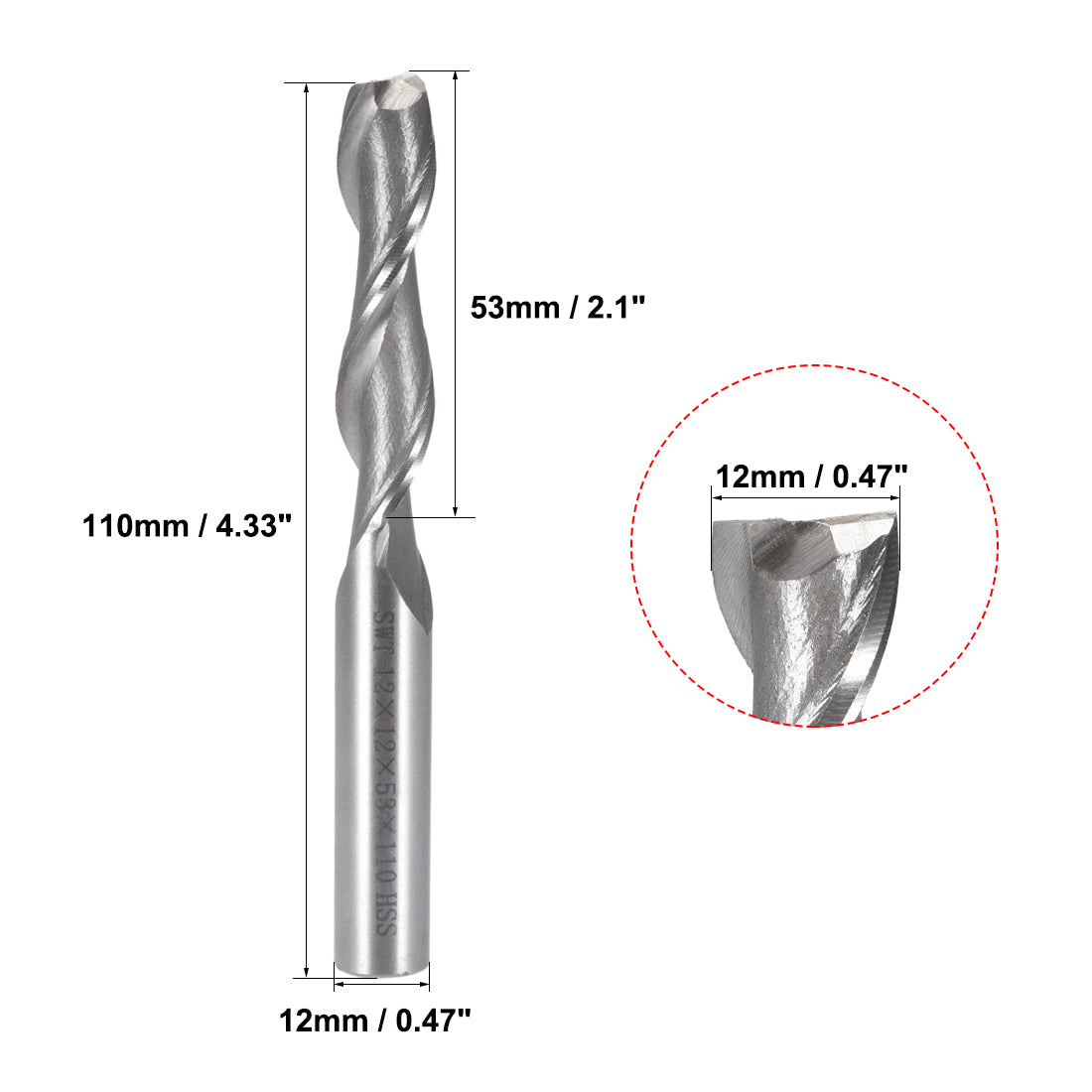 uxcell Uxcell 12mm Cutting HSSAL Spiral Drill Bit Straight End Mill Cutter 2 Flute with 12mm Shank