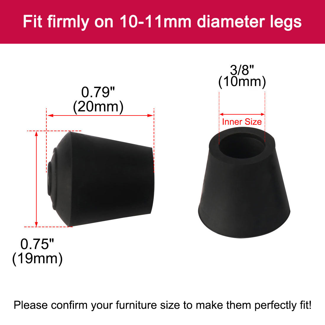 uxcell Uxcell Rubber Leg Cap Tip Cup Feet Cover 10mm 3/8" Inner Dia 8pcs for Furniture Chair