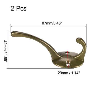 Harfington Uxcell Dual Prong Coat Hooks Wall Mounted Retro Double Hooks Utility Antique Bronze Hook for Coat Scarf Bag Towel Key Cap Cup Hat 87mm x 29mm x 42mm 2pcs