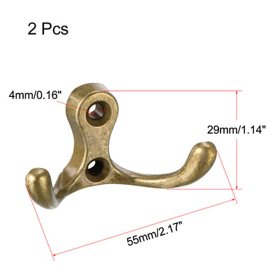 Harfington Uxcell Dual Prong Coat Hooks Wall Mounted Retro Double Hooks Utility Antique Bronze Hook for Coat Scarf Bag Towel Key Cap Cup Hat 30mm x 55mm x 29mm 2pcs