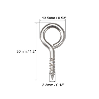 Harfington Uxcell 1.2" Small Screw Eye Hooks Self Tapping Screws Carbon Steel Screw-in Hanger Eye-Shape Ring Hooks Silver 50pcs