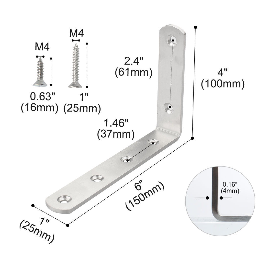 uxcell Uxcell Angle Brackets Stainless Steel Brace Fastener Support w Screws 150 x 100mm, 2pcs