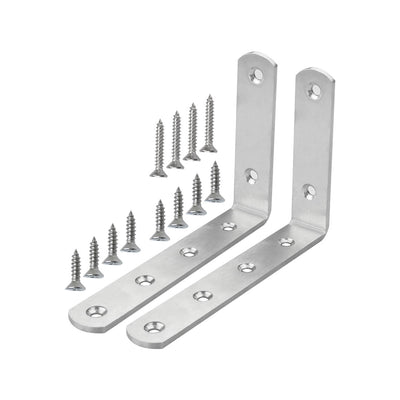 Harfington Uxcell Angle Brackets Stainless Steel Brace Fastener Support w Screws 150 x 100mm, 2pcs