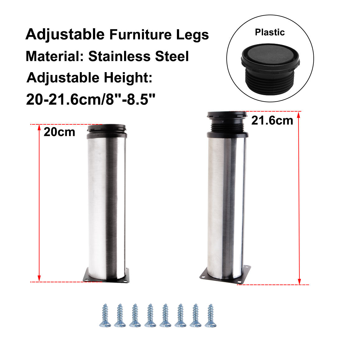 uxcell Uxcell 8" Furniture Legs Stainless Steel Sofa Bench Adjustable Feet Replacement 2pcs