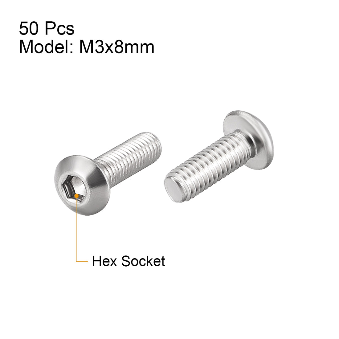 uxcell Uxcell M3x8mm Machine Screws Hex Socket Round Head Screw 304 Stainless Steel Fasteners Bolts 50pcs