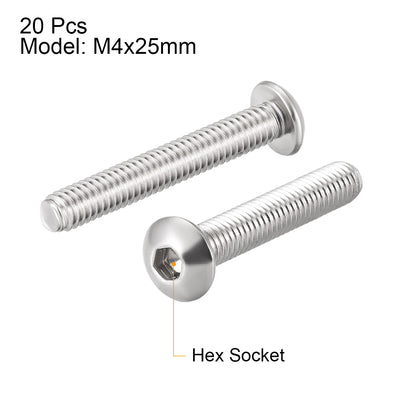 Harfington Uxcell M4x25mm Machine Screws Hex Socket Round Head Screw 304 Stainless Steel Fasteners Bolts 20pcs