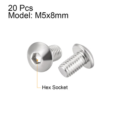 Harfington Uxcell M5x8mm Machine Screws Hex Socket Round Head Screw 304 Stainless Steel Fasteners Bolts 20pcs