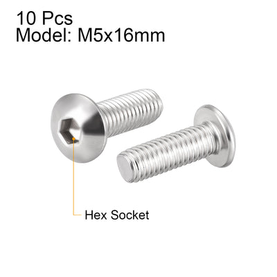 Harfington Uxcell M5x16mm Machine Screws Hex Socket Round Head Screw 304 Stainless Steel Fasteners Bolts 10pcs