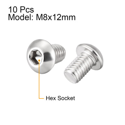 Harfington Uxcell M8x12mm Machine Screws Hex Socket Round Head Screw 304 Stainless Steel Fasteners Bolts 10pcs