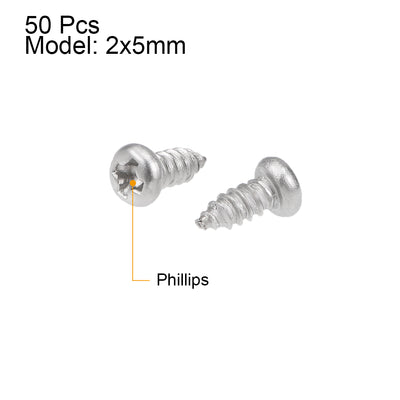Harfington Uxcell M2x5mm Self Tapping Screws Phillips Pan Head Screw 316 Stainless Steel Fasteners Bolts 50Pcs