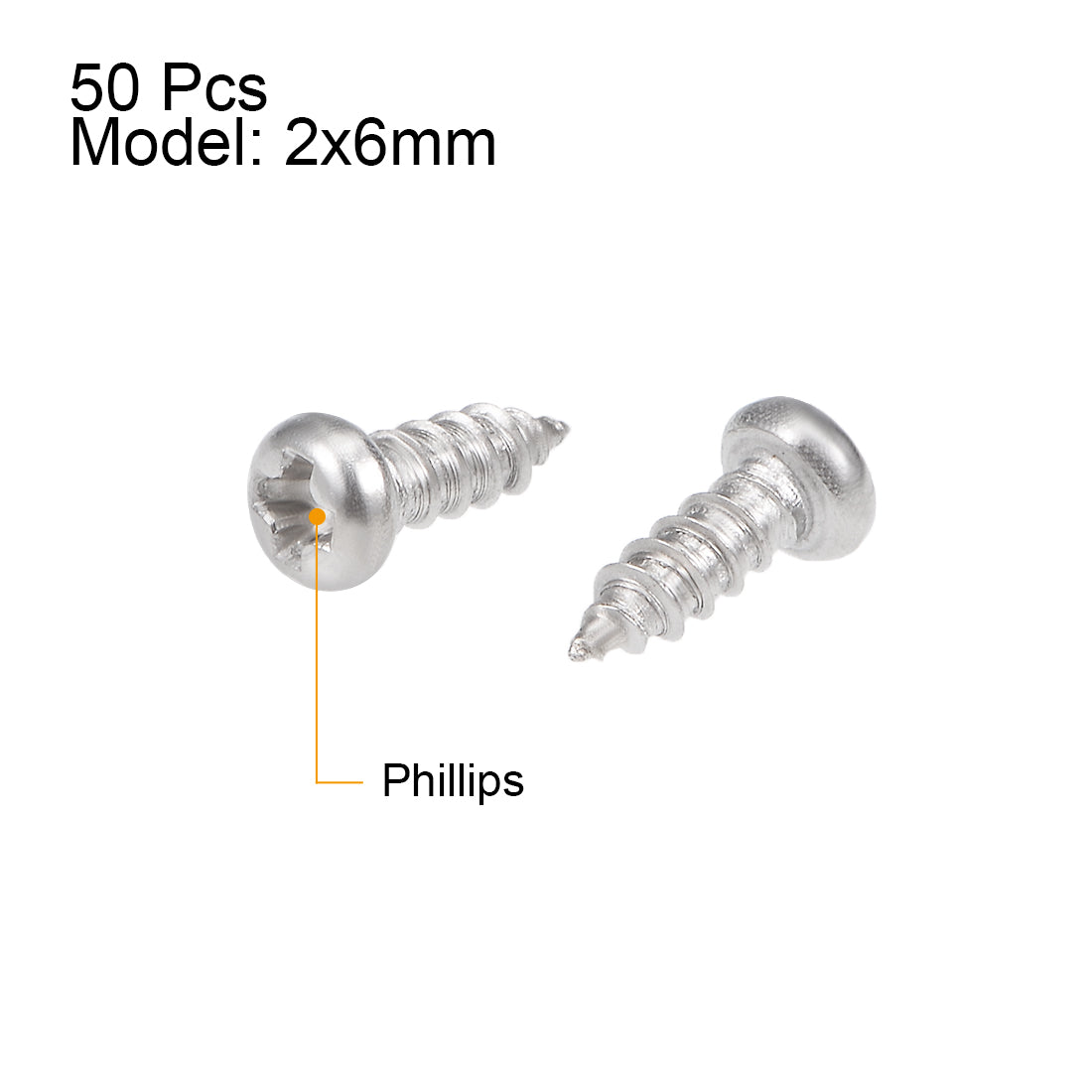 uxcell Uxcell 2x6mm Self Tapping Screws Phillips Pan Head Screw 316 Stainless Steel Fasteners Bolts 50Pcs