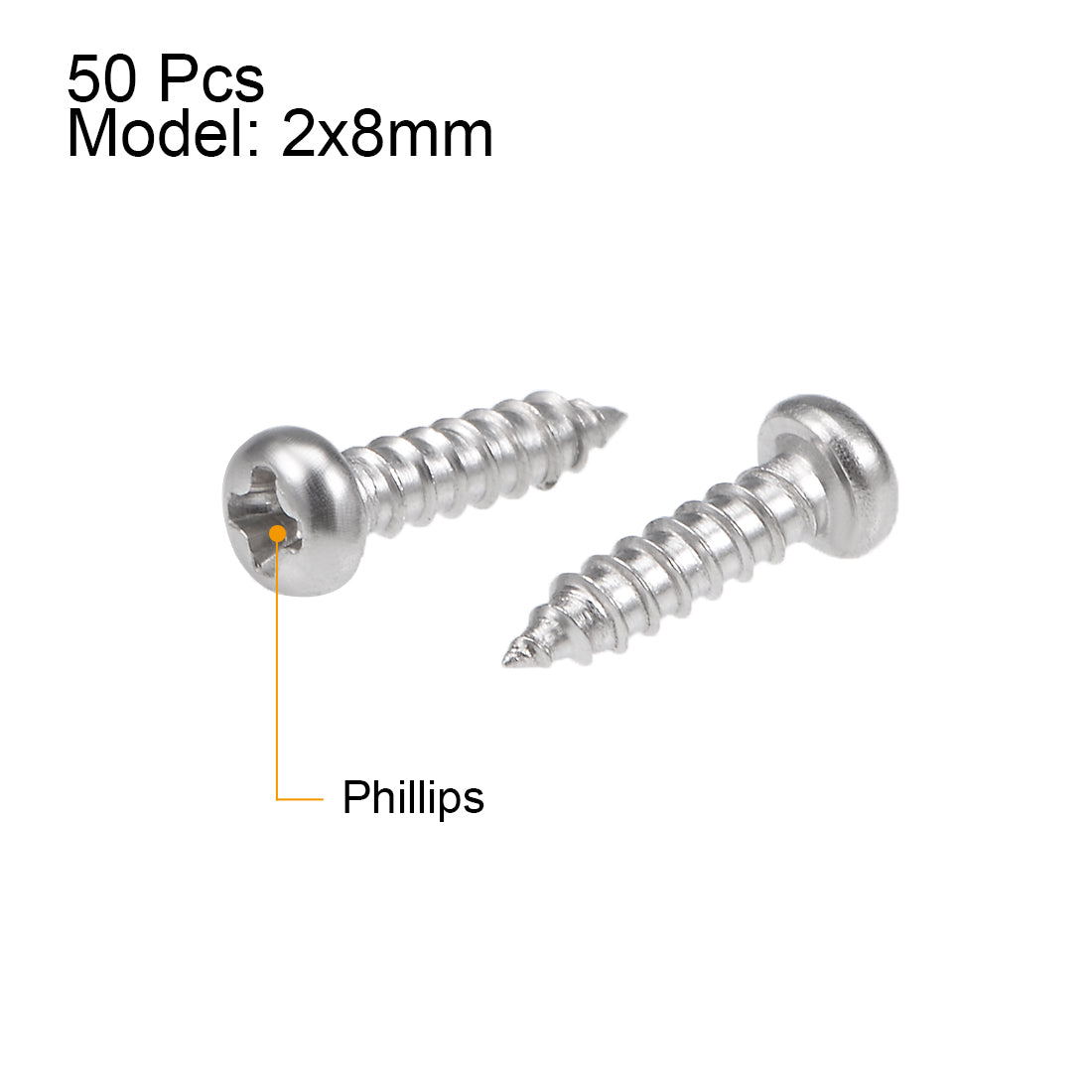uxcell Uxcell 2x8mm Self Tapping Screws Phillips Pan Head Screw 316 Stainless Steel Fasteners Bolts 50Pcs