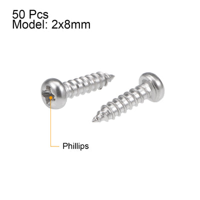 Harfington Uxcell 2x8mm Self Tapping Screws Phillips Pan Head Screw 316 Stainless Steel Fasteners Bolts 50Pcs