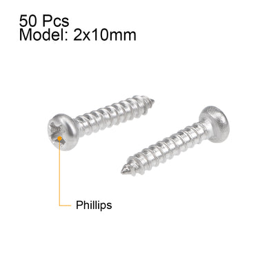 Harfington Uxcell 2x10mm Self Tapping Screws Phillips Pan Head Screw 316 Stainless Steel Fasteners Bolts 50Pcs