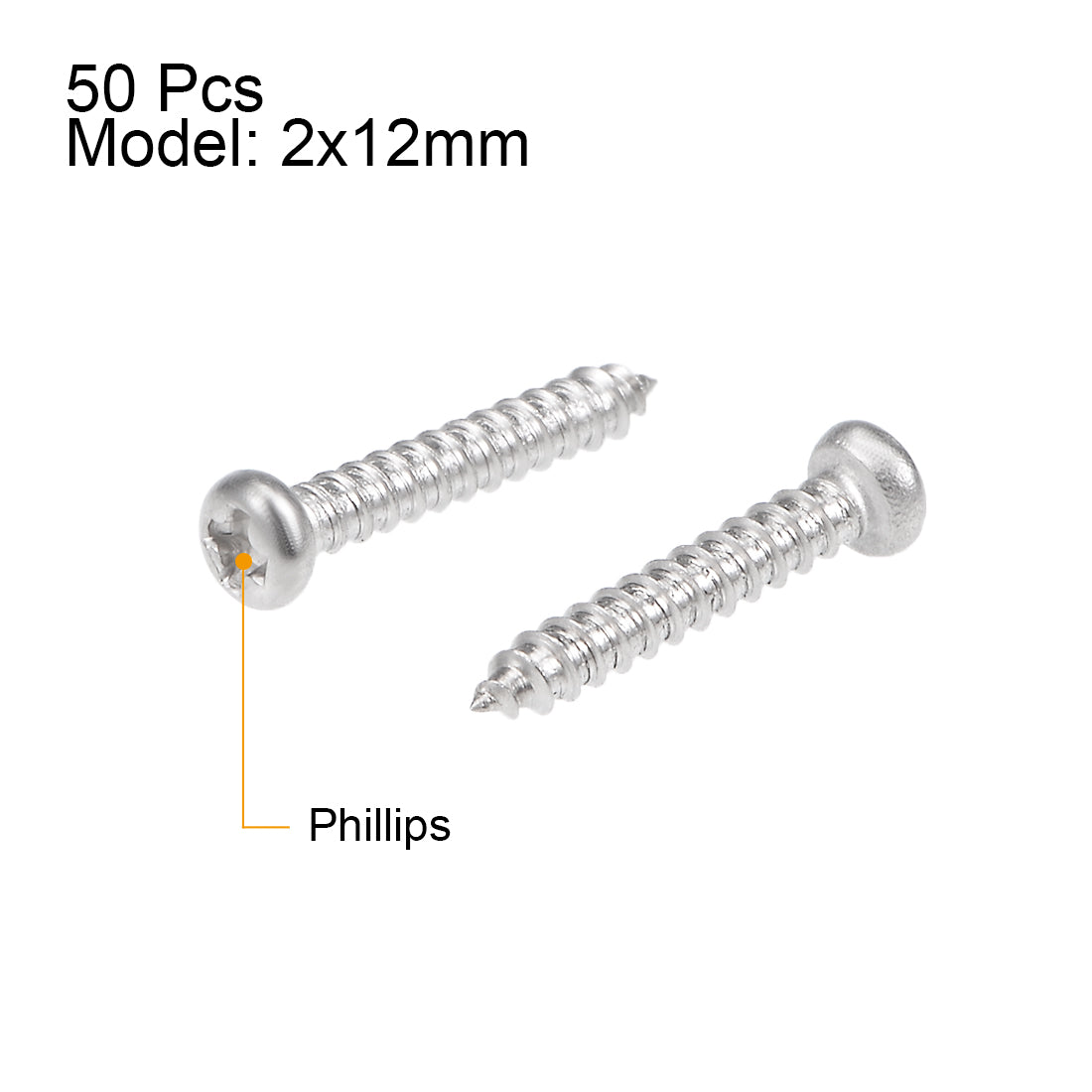 uxcell Uxcell 2x12mm Self Tapping Screws Phillips Pan Head Screw 316 Stainless Steel Fasteners Bolts 50Pcs