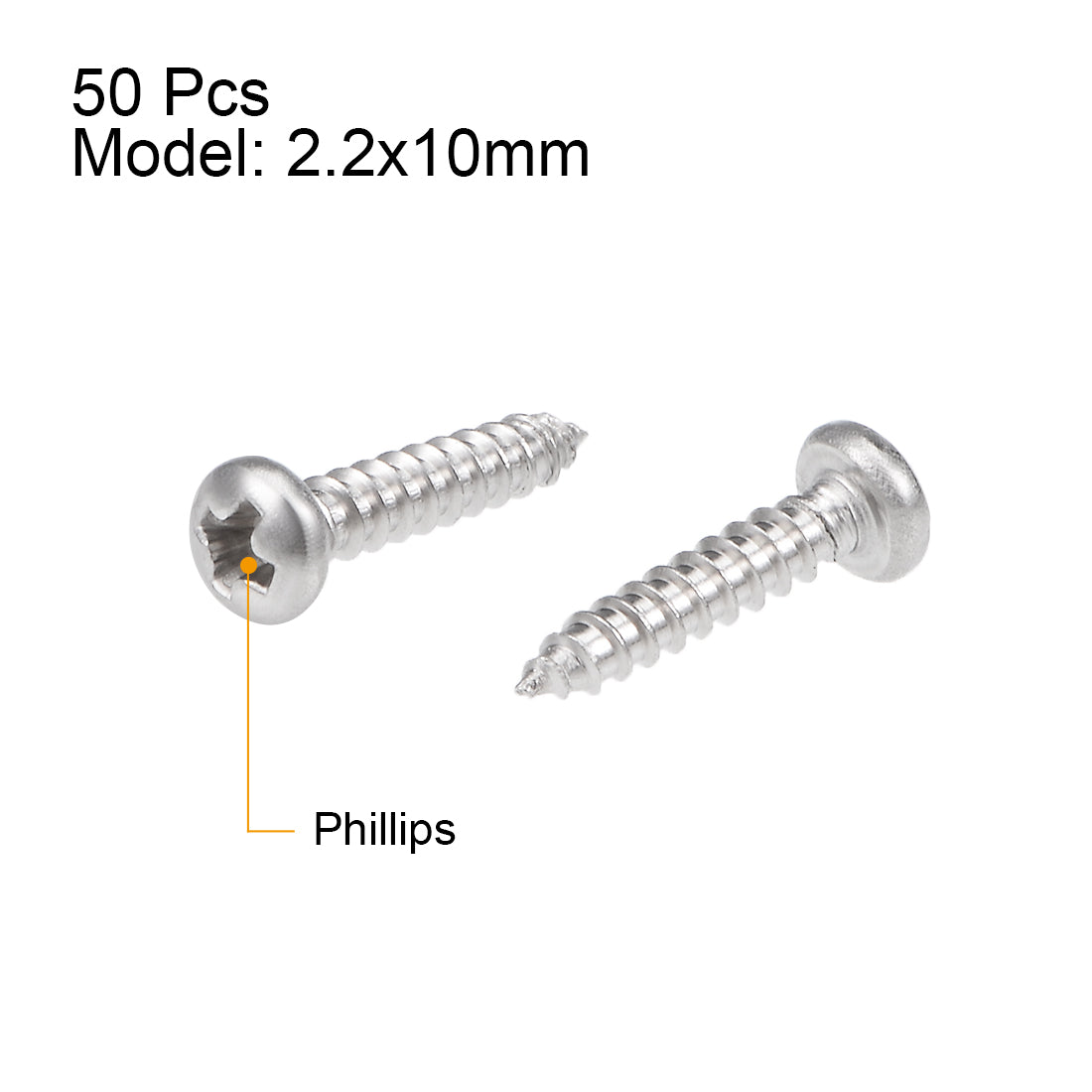 uxcell Uxcell 2.2x10mm Self Tapping Screws Phillips Pan Head Screw 316 Stainless Steel Fasteners Bolts 50Pcs