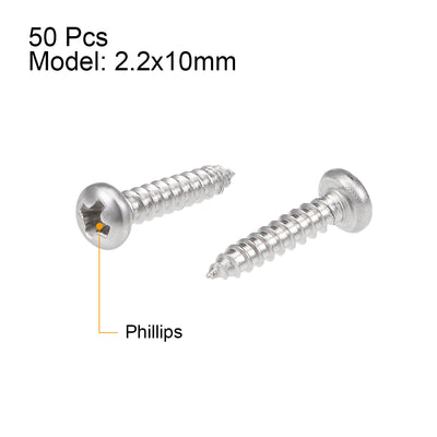 Harfington Uxcell 2.2x10mm Self Tapping Screws Phillips Pan Head Screw 316 Stainless Steel Fasteners Bolts 50Pcs