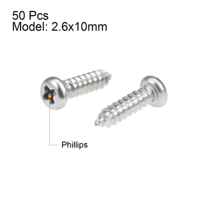 Harfington Uxcell 2.6x10mm Self Tapping Screws Phillips Pan Head Screw 316 Stainless Steel Fasteners Bolts 50Pcs