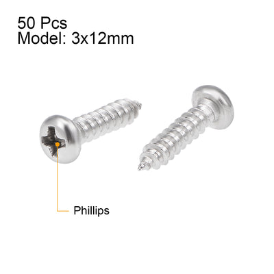 Harfington Uxcell 3x12mm Self Tapping Screws Phillips Pan Head Screw 316 Stainless Steel Fasteners Bolts 50Pcs