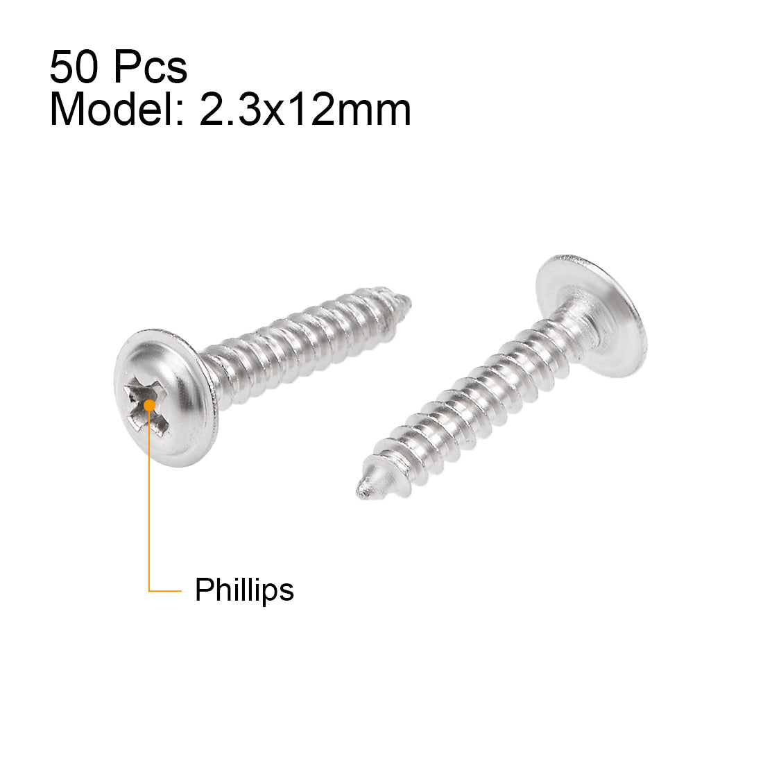 uxcell Uxcell 2.3x12mm Self Tapping Screws Phillips Pan Head With Washer Screw 304 Stainless Steel Fasteners Bolts 50Pcs