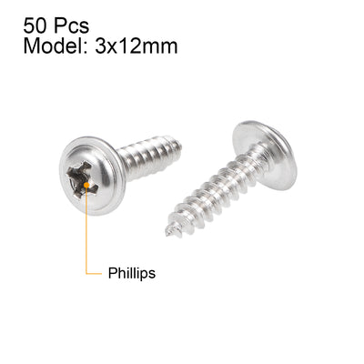 Harfington Uxcell 3x12mm Self Tapping Screws Phillips Pan Head With Washer Screw 304 Stainless Steel Fasteners Bolts 50Pcs