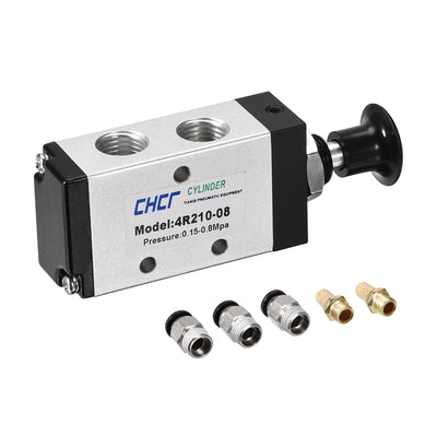 Harfington Uxcell Manual Hand Pull Push Solenoid Valve 2 Position 5Way 1/4" PT Air Hand Lever Operated Valve with 8mm OD Connect Fitting and Brass Exhaust Muffler