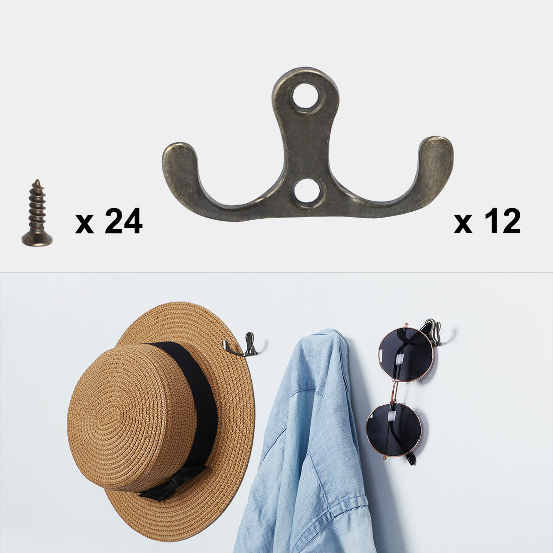 uxcell Uxcell 12pcs Dual Hook Coat Hat DIY Robe Hooks Cloth Hanger Holder w Screws Bronze Tone