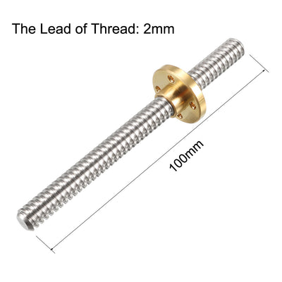 Harfington Uxcell 2PCS 100mm T8 Pitch 2mm Lead 2mm Lead Screw Rod with Copper Nut for 3D Printer