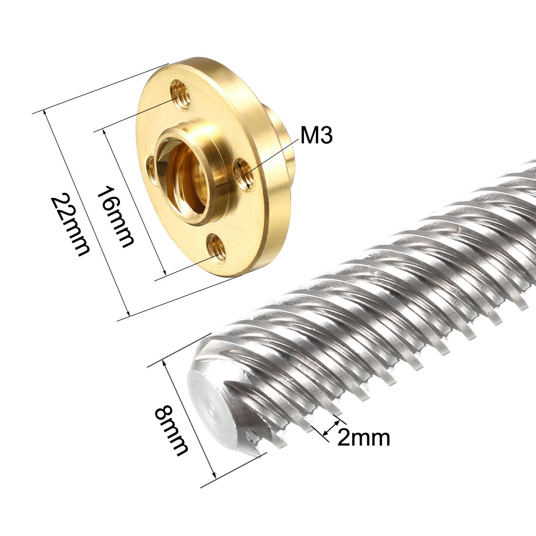 uxcell Uxcell 2PCS 100mm T8 Pitch 2mm Lead 12mm Lead Screw Rod with Copper Nut for 3D Printer