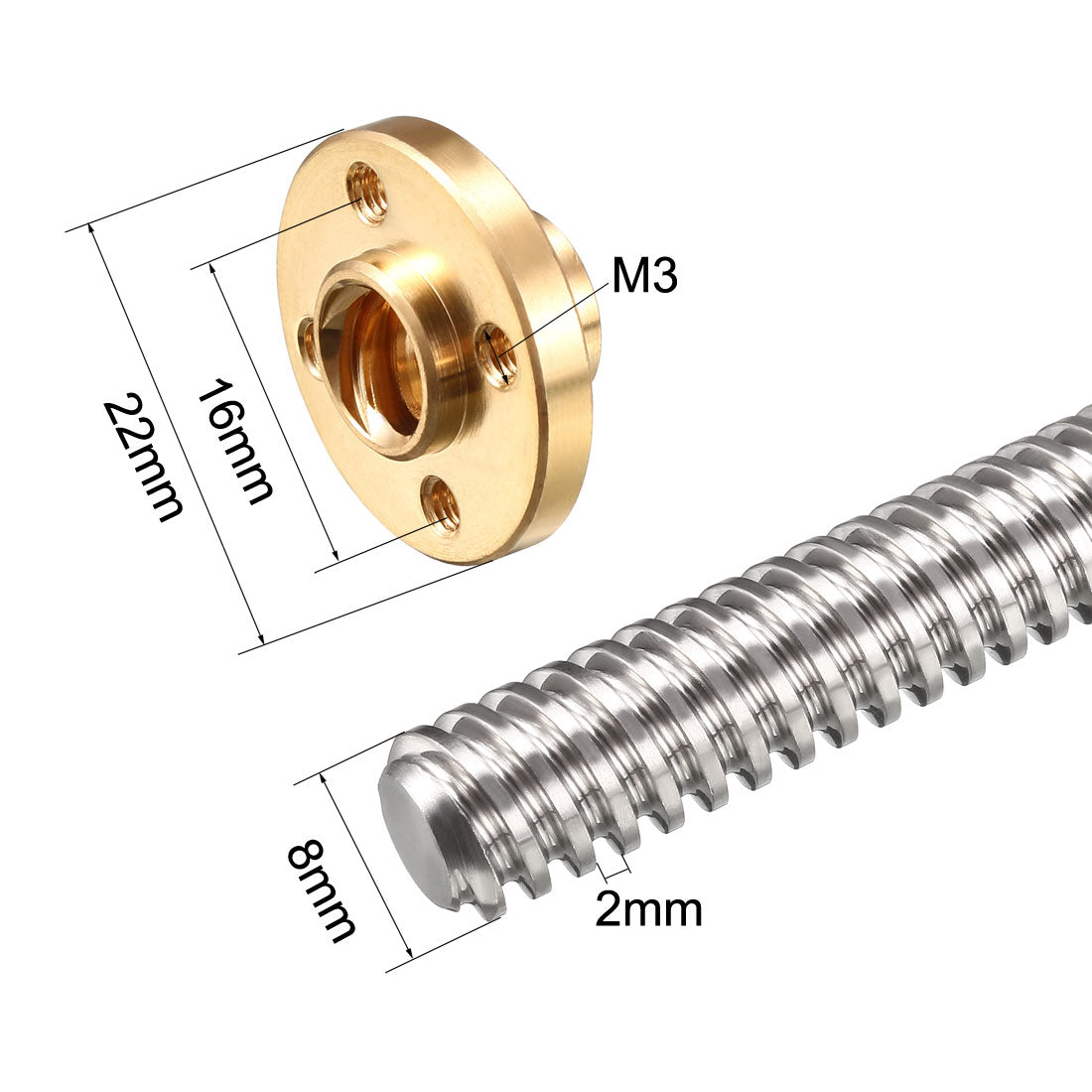 uxcell Uxcell 2PCS 150mm T8 Pitch 2mm Lead 2mm Lead Screw Rod with Copper Nut for 3D Printer