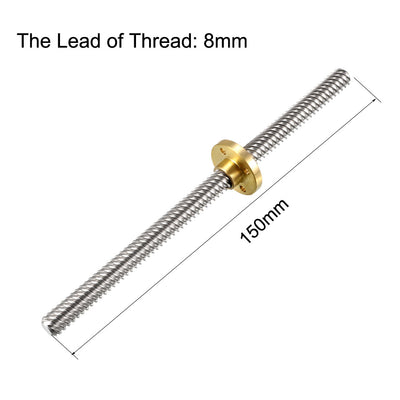 Harfington Uxcell 150mm T8 OD 8mm Stainless Steel Lead Screw Rod with Copper Nut (Acme Thread) for 3D Printer Z Axis