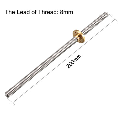 Harfington Uxcell 200mm T8 Pitch 2mm Lead 8mm Lead Screw Rod with Copper Nut for 3D Printer
