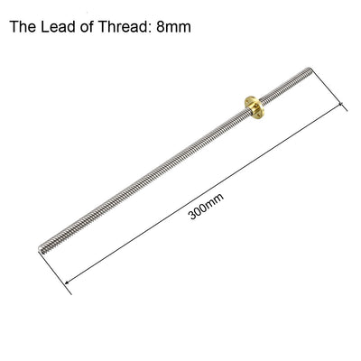 Harfington Uxcell 300mm T8 Pitch 2mm Lead 8mm Lead Screw Rod with Copper Nut for 3D Printer