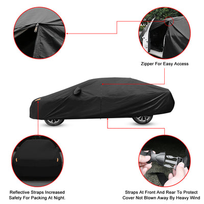 Harfington Uxcell 190T Car Cover Waterproof Breathable Scratch Rain Snow Heat Resistant with Driver Door Zipper Mirror Pocket and Reflective Strips